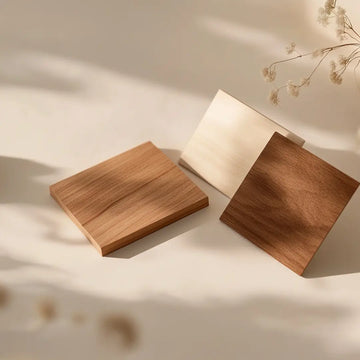Materialprover i ek, valnöt och ask, visade på ljus yta från Borgdalen